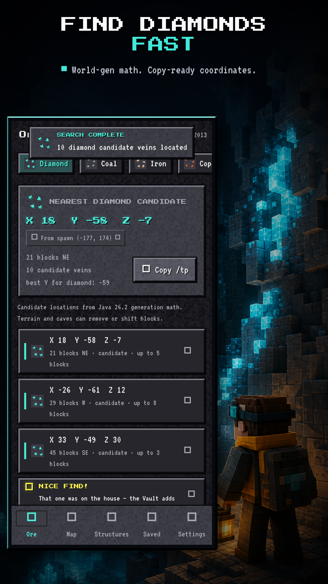 Ore Finder screen listing nearest diamond candidate veins