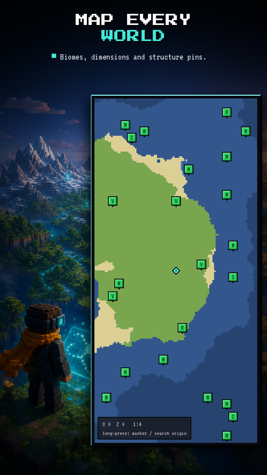 Seed map with biomes and structure pins