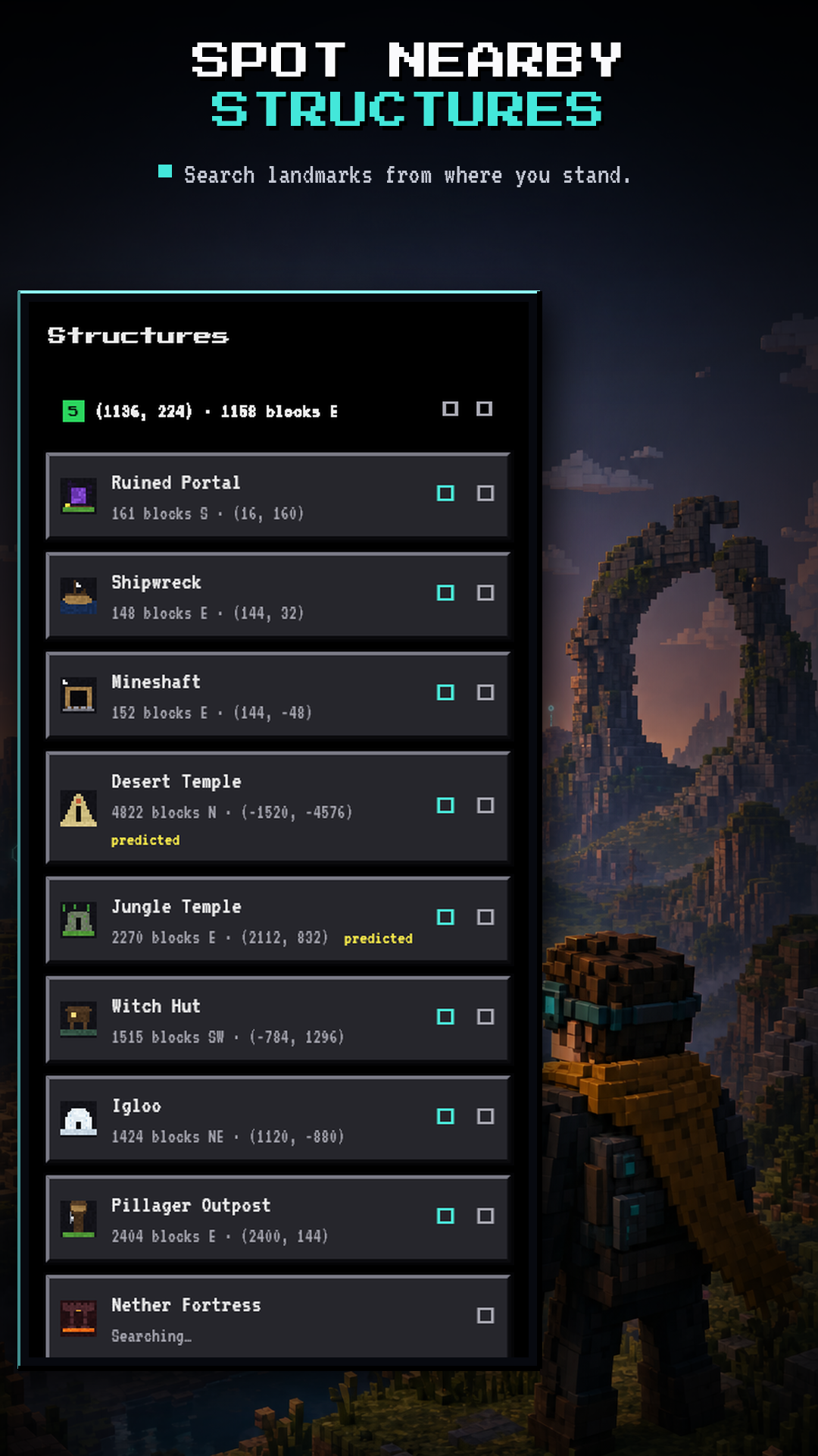 Structures list with distances and directions