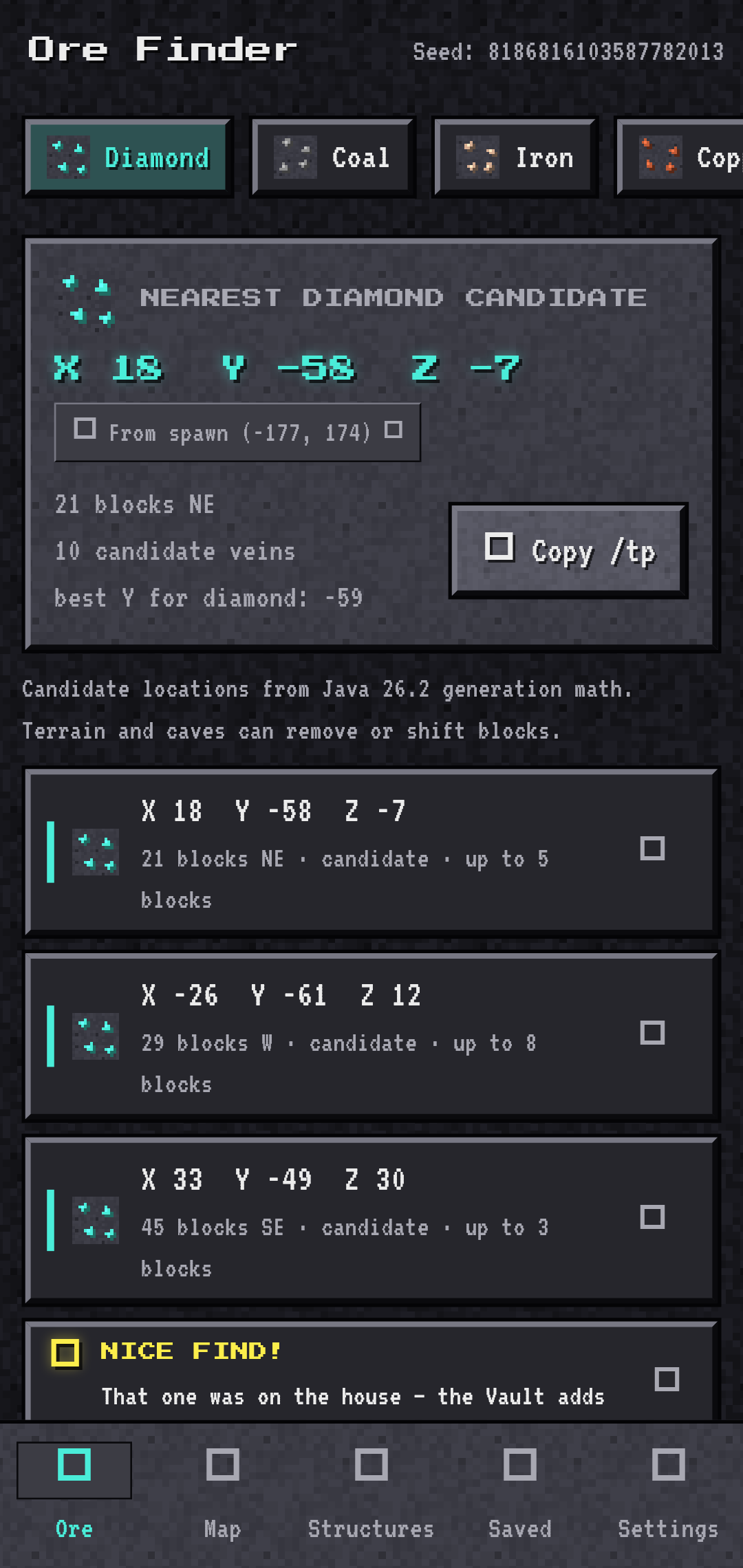 OreScout's Ore Finder showing the nearest diamond candidates for a seed, with copy-ready /tp coordinates.